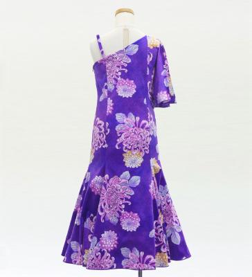 Kids Japan Fabric One Shoulder Frill Sleeve Long Dress with Chrysanthemum Print / Purple / JWp005pu