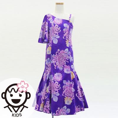 Kids Japan Fabric One Shoulder Frill Sleeve Long Dress with Chrysanthemum Print / Purple / JWp005pu