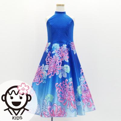 Kids Japan Fabric American Armhole Long Dress with Chrysanthemum Print / Blue / JWp006bl