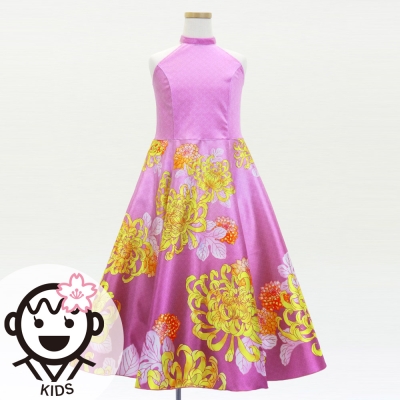 Kids Japan Fabric American Armhole Long Dress with Chrysanthemum Print / Pink / JWp006pi