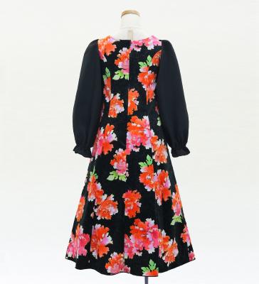 Kids Japan Fabric Long Sleeve Dress with Peony Print / Black / JWp007bk