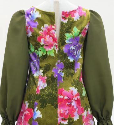 Kids Japan Fabric Long Sleeve Dress with Peony Print / Khaki / JWp007ka