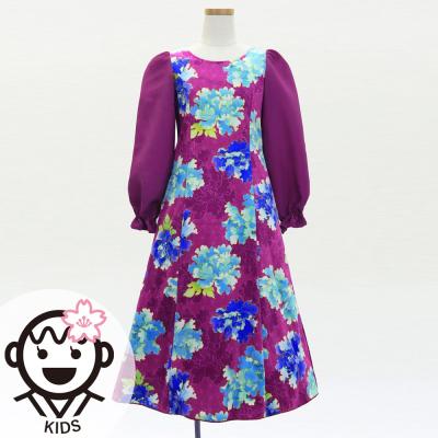 Kids Japan Fabric Long Sleeve Dress with Peony Print / Purple / JWp007pu