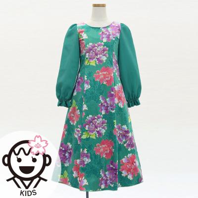 Kids Japan Fabric Long Sleeve Dress with Peony Print / Turquoise Blue / JWp007tbl