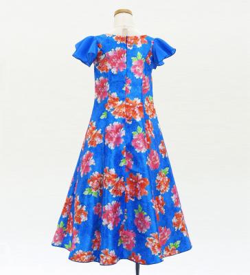 Kids Japan Fabric Long Dress with Peony Print / Blue / JWp008bl
