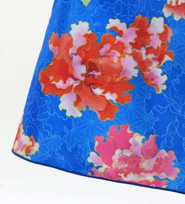 Kids Japan Fabric Long Dress with Peony Print / Blue / JWp008bl