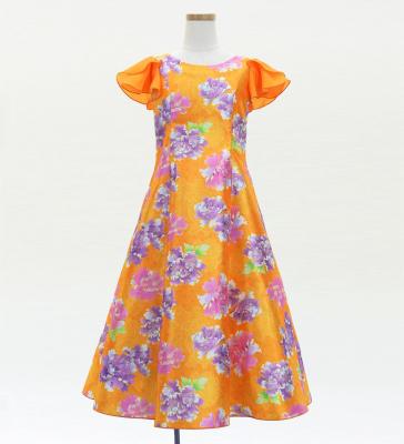 Kids Japan Fabric Long Dress with Peony Print / Orange / JWp008or
