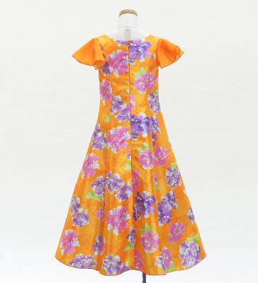 Kids Japan Fabric Long Dress with Peony Print / Orange / JWp008or