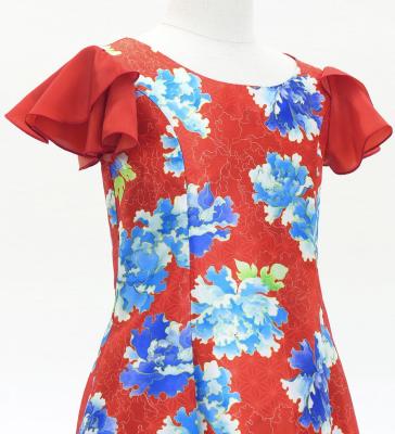 Kids Japan Fabric Long Dress with Peony Print / Red / JWp008rd