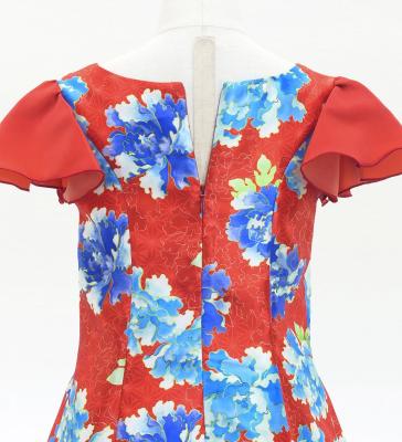 Kids Japan Fabric Long Dress with Peony Print / Red / JWp008rd