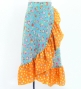 Kids Flamenco Wrap Skirt with Frills / Roses & Carnations & Dots / Light Blue & Orange / JFMSp-6