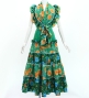 Flamenco Tiered Skirt and Double Frilled Shawl Set / Roses / Turquoise & Green / FPS-16