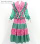 Flamenco Tiered Skirt and Double Frilled Shawl Set / Dots & Roses / Turquoise & Pink / FPS-4