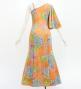Japan Fabric One Shoulder Frill Sleeve Long Dress with Chrysanthemum Print / Orange / JW005or