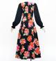Japan Fabric Long Sleeve Dress with Peony Print / Black / JW007bk
