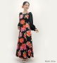 Japan Fabric Long Sleeve Dress with Peony Print / Black / JW007bk