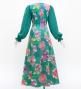 Japan Fabric Long Sleeve Dress with Peony Print / Turquoise Blue / JW007tbl