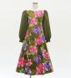 Kids Japan Fabric Long Sleeve Dress with Peony Print / Khaki / JWp007ka